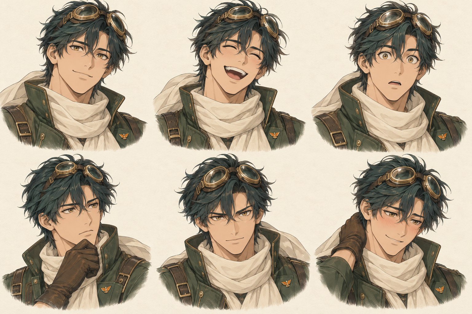 Six expressions of an original anime pilot with dark teal hair, brass goggles and a cream scarf
