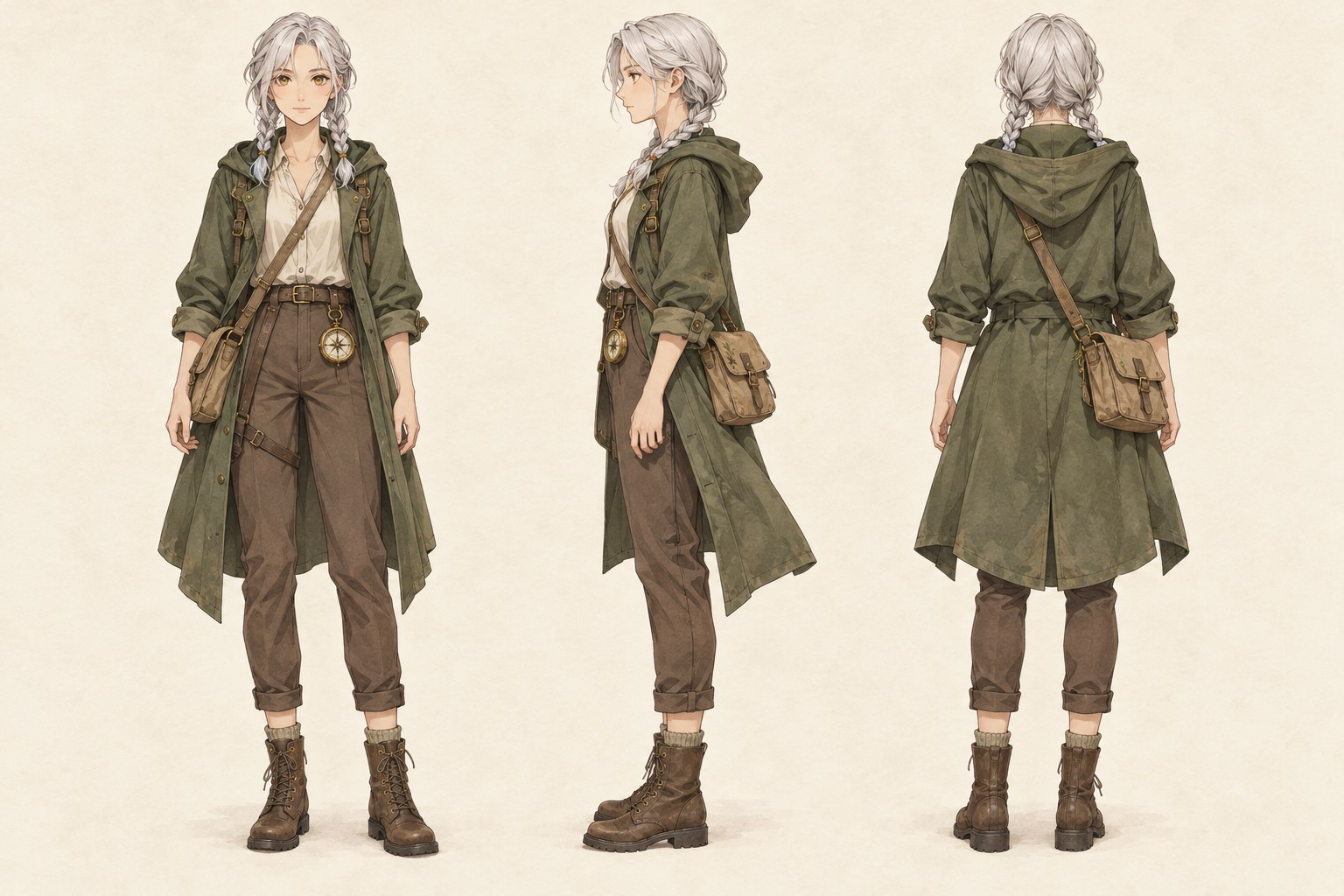 Concept sheet of a silver-haired forest cartographer shown from the front, side and back