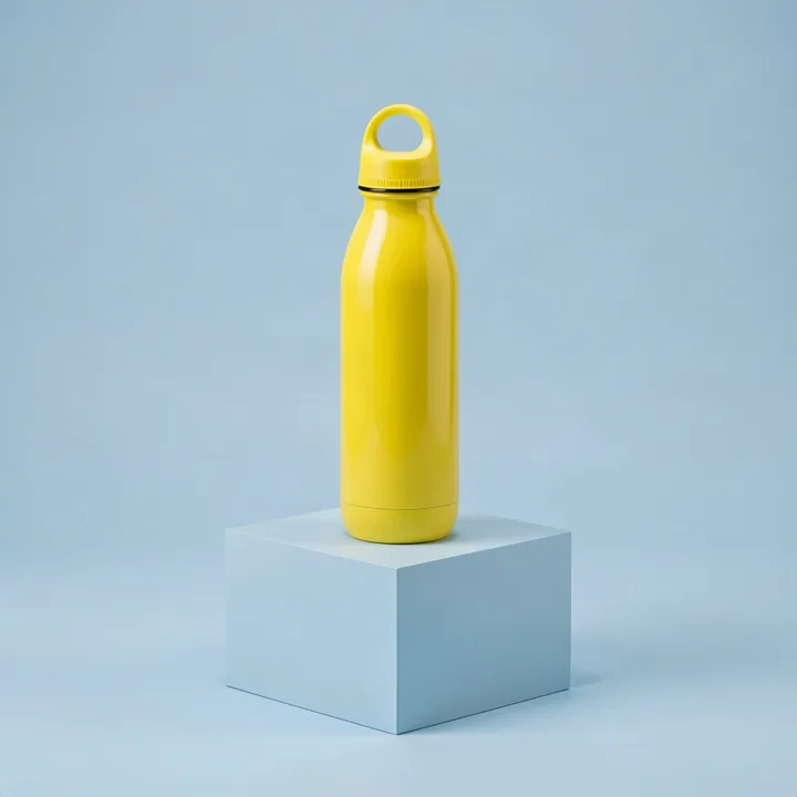 Lemon-colored water bottle on a pale blue cube — generated with FLUX.2 Klein 9B
