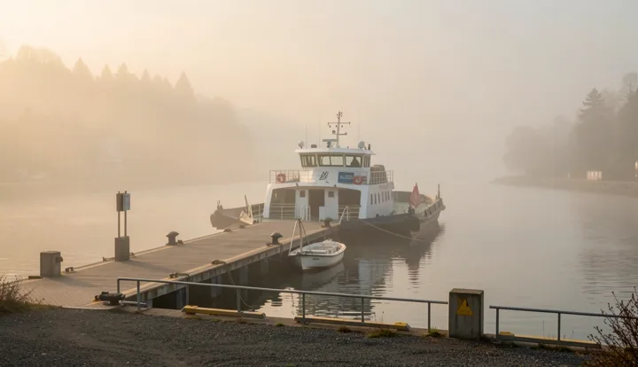 Small ferry dock in soft morning fog — generated with FLUX.2 Klein 9B