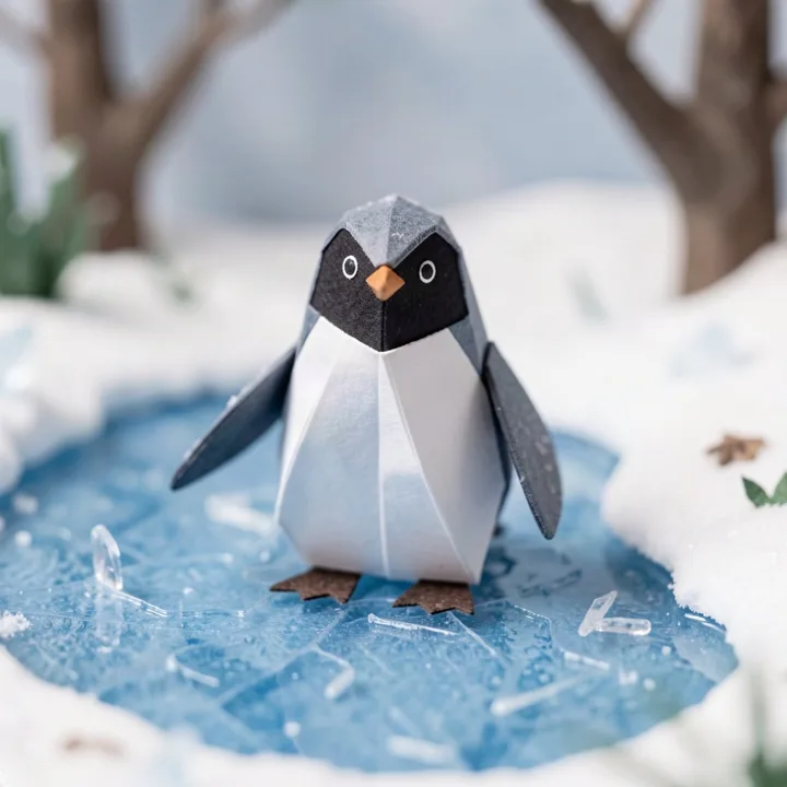 Folded-paper penguin on an icy pond — generated with FLUX.2 Klein 9B