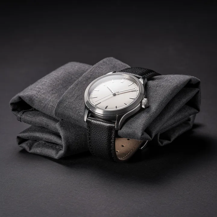 Mechanical wristwatch on folded charcoal cloth — generated with FLUX.2 Max