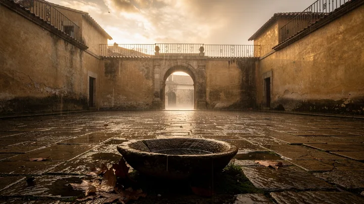 Weathered stone courtyard after rainfall — generated with FLUX.2 Max