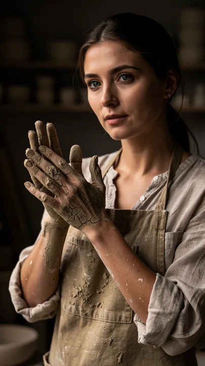 Close portrait of a potter with clay on her hands — generated with FLUX.2 Max