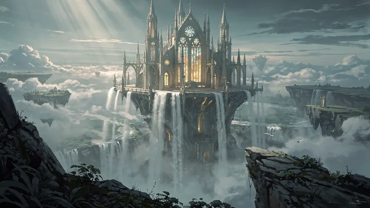 Floating cathedral with cascading waterfalls — generated with FLUX.2 Max