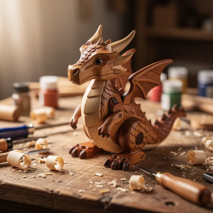 Intricate wooden toy dragon on a workbench — generated with FLUX.2 Max