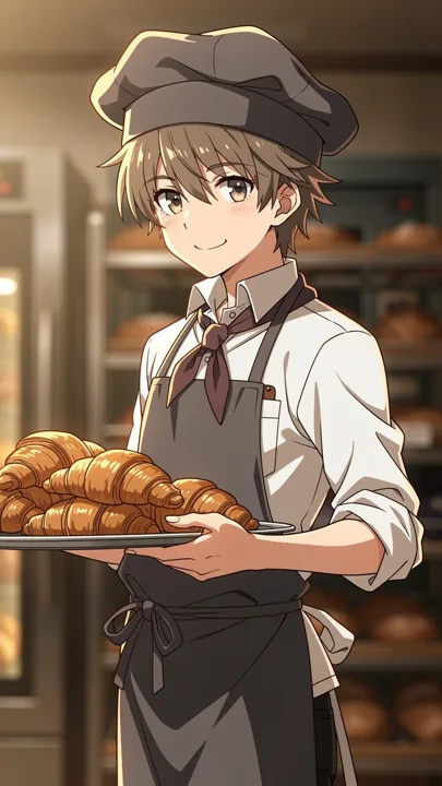 Anime baker carrying a tray of croissants — generated with FLUX.2 Pro