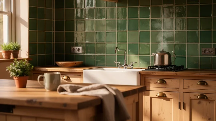 Warm kitchen with handmade green tiles — generated with FLUX.2 Pro