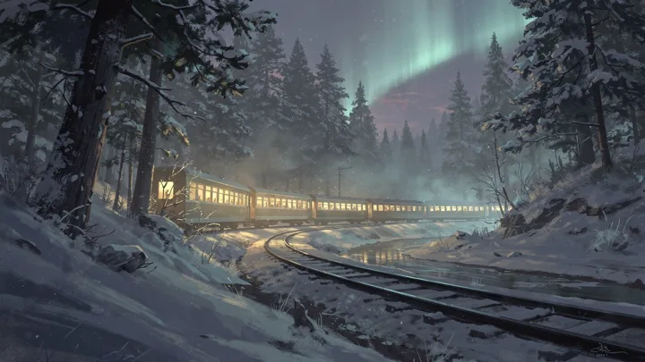 Glowing train winding through a winter forest — generated with FLUX.2 Pro