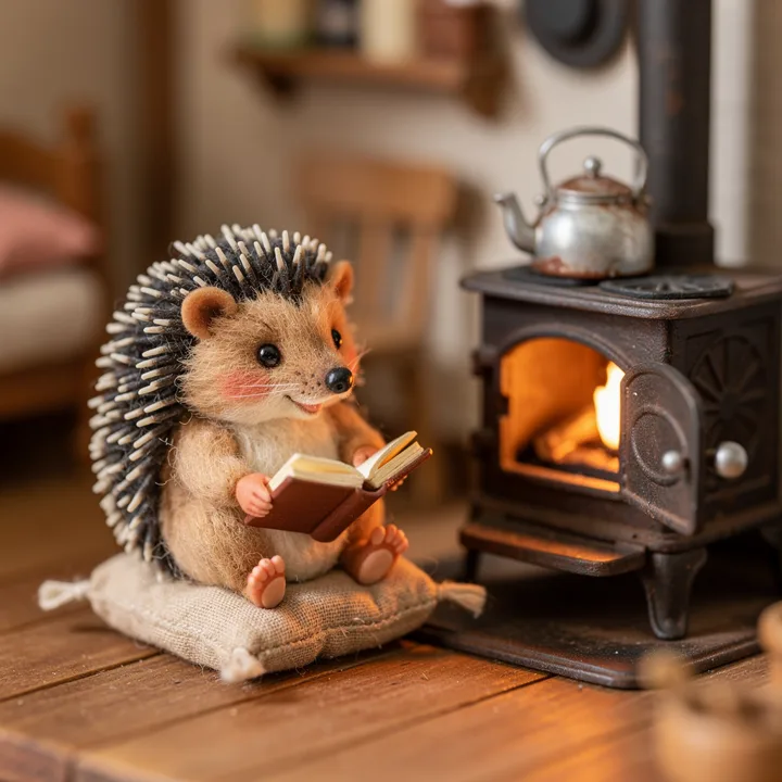 Tiny hedgehog reading beside a stove — generated with FLUX.2 Pro