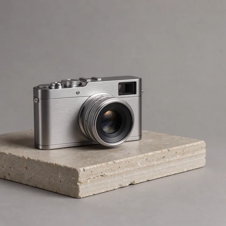 Brushed steel camera on a sandstone block — generated with FLUX.3 Image