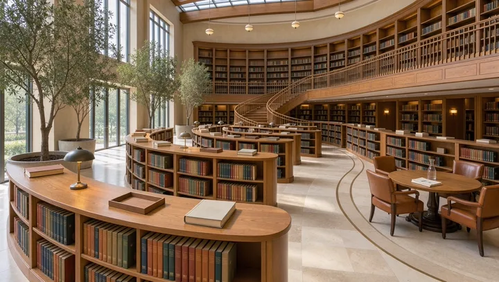 Sculptural library with sweeping wooden shelves — generated with FLUX.3 Image