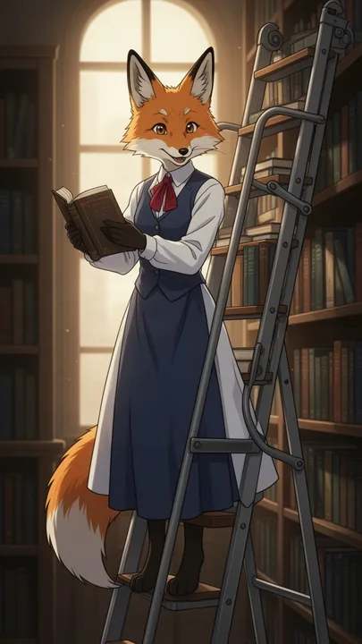 Fox librarian sorting books on a rolling ladder — generated with FLUX.2 Flash