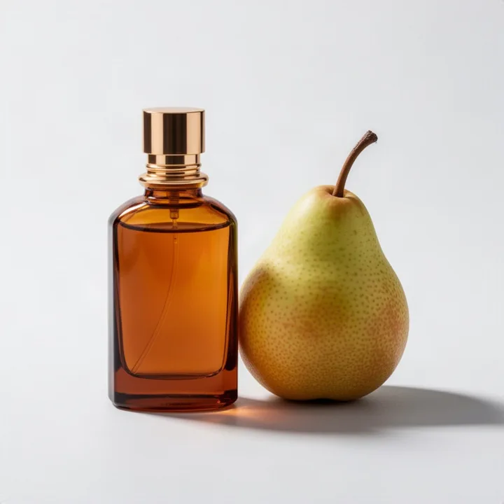 Amber perfume bottle beside a pear — generated with FLUX.2 Flash