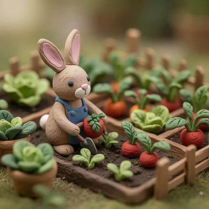 Clay rabbit tending a vegetable garden — generated with FLUX.2 Flash