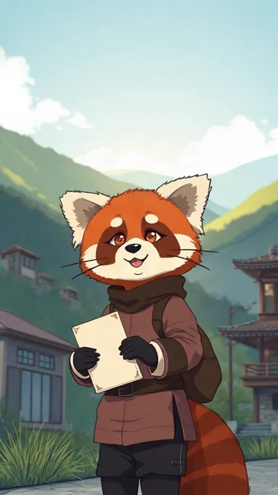 Red panda delivering letters in a hillside village — generated with FLUX Schnell