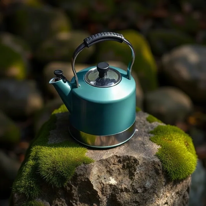 Teal camping kettle on a mossy stone — generated with FLUX Schnell