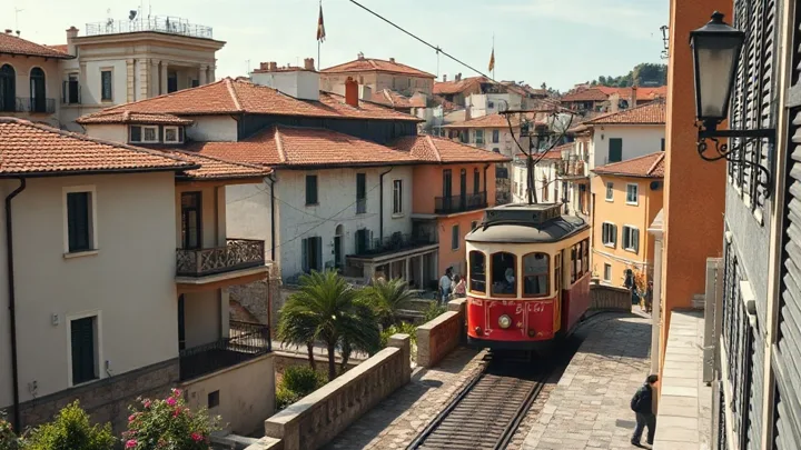Hillside tram passing terracotta rooftops — generated with FLUX Schnell
