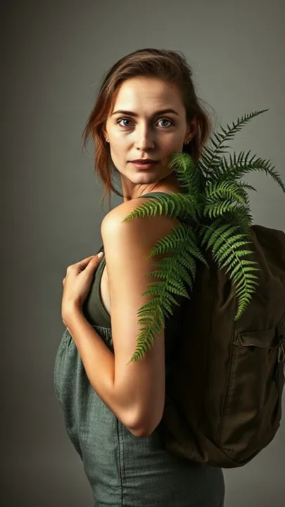 Woman botanist with a fern-filled backpack — generated with FLUX Schnell