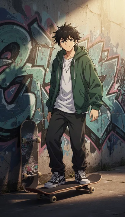 Anime skateboarder beside a mural — generated with FLUX.2 Turbo
