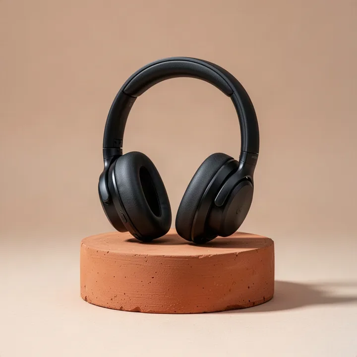 Black headphone set on a terracotta plinth — generated with FLUX.2 Turbo