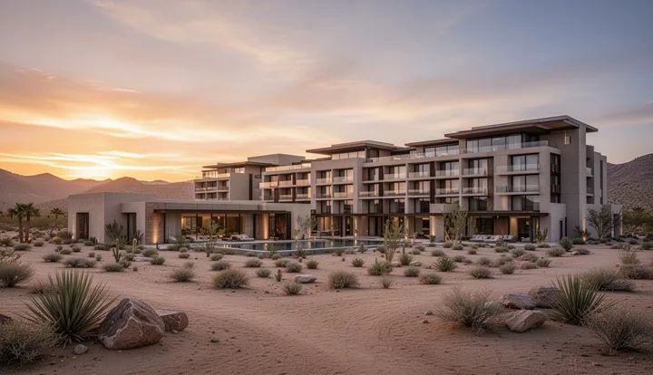 Modern desert hotel at sunset — generated with FLUX.2 Turbo