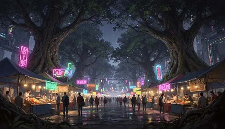 Neon night market beneath giant trees — generated with FLUX.2 Turbo