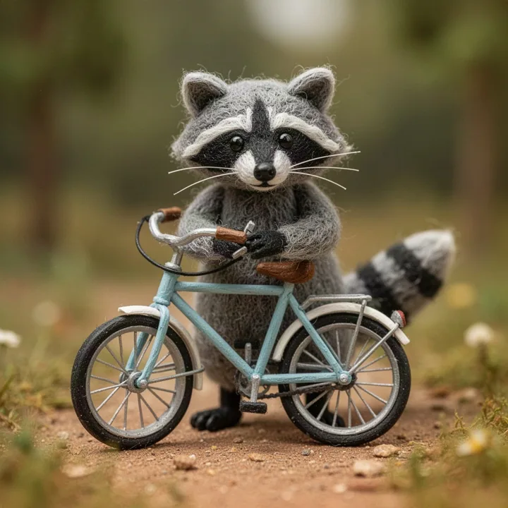 Stop-motion raccoon fixing a bicycle — generated with FLUX.2 Turbo