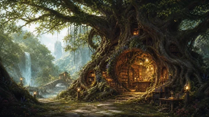 Bookshop built into the roots of a tree — generated with GPT Image 2
