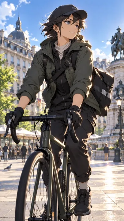 Cycling messenger crossing a bright city square — generated with GPT Image 2.5 Flare