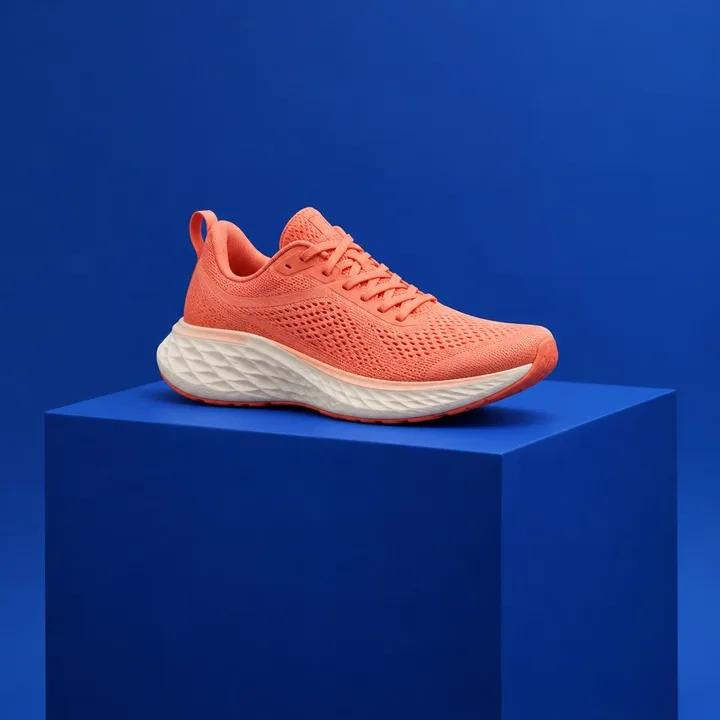 Coral running shoe on a cobalt pedestal — generated with GPT Image 2.5 Flare