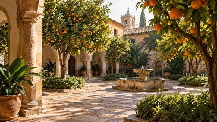 Sunlit courtyard with orange trees — generated with GPT Image 2.5 Flare