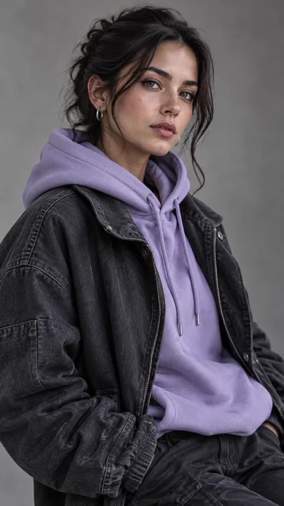 Streetwear portrait in lavender and charcoal — generated with GPT Image 2.5 Flare