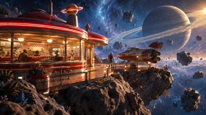 Retro space diner on a tiny asteroid — generated with GPT Image 2.5 Flare