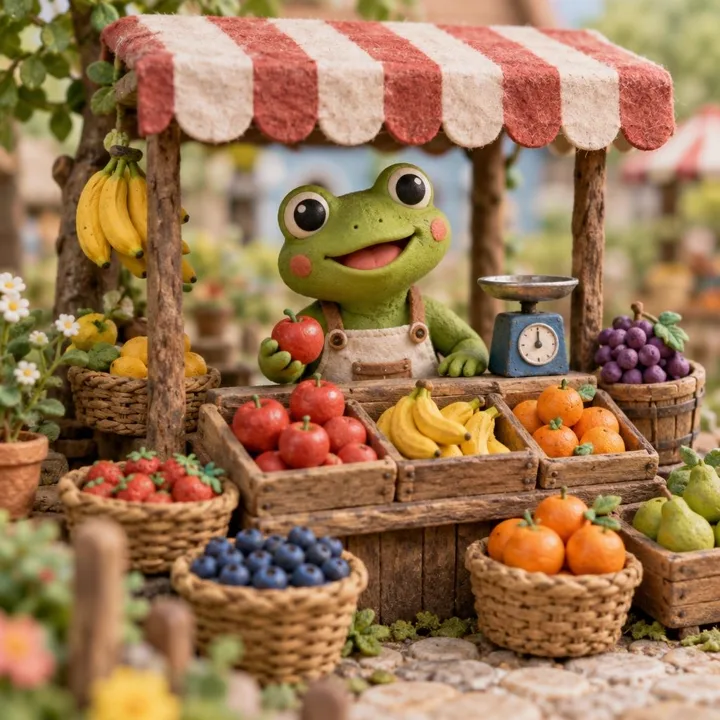 Cheerful clay frog running a fruit stall — generated with GPT Image 2.5 Flare