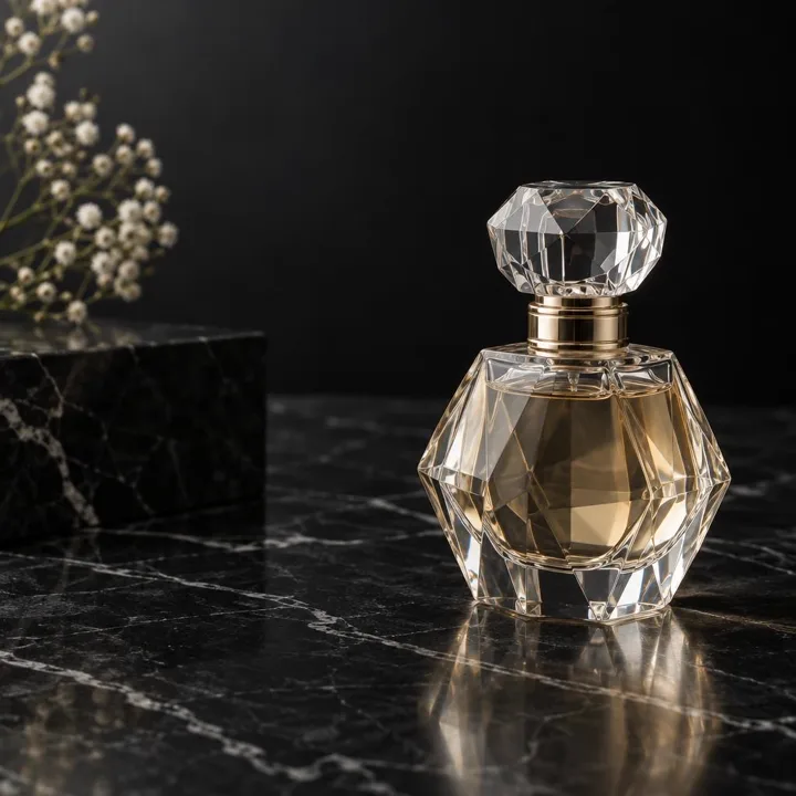 Faceted crystal bottle on black marble — generated with GPT Image 2.5 Sunburst