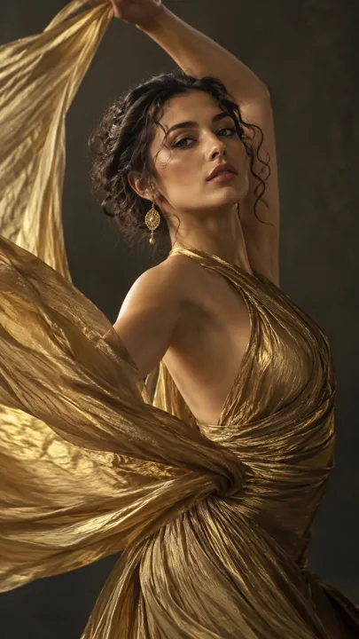 Cinematic portrait of a dancer in gold fabric — generated with GPT Image 2.5 Sunburst