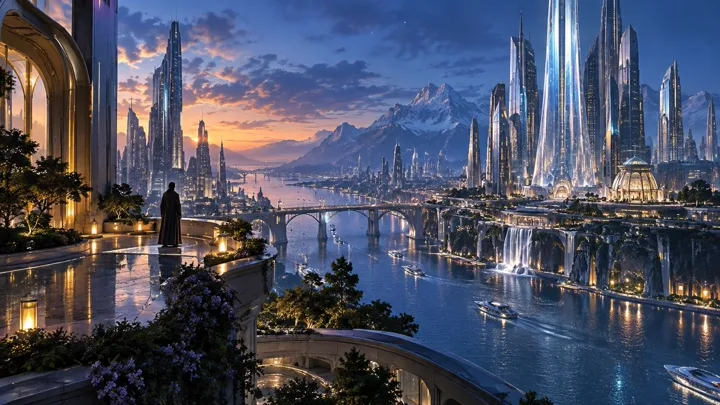City of luminous glass towers at blue hour — generated with GPT Image 2.5 Sunburst