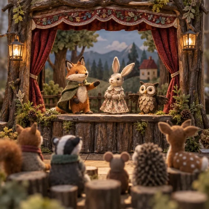 Miniature theater with handmade woodland puppets — generated with GPT Image 2.5 Sunburst