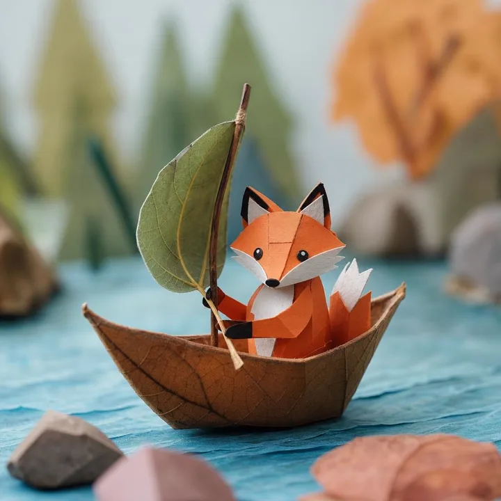 Paper-cut fox sailing a leaf boat — generated with GPT Image 2