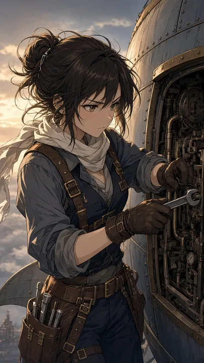 Anime mechanic repairing a small airship — generated with Grok Imagine Image 2