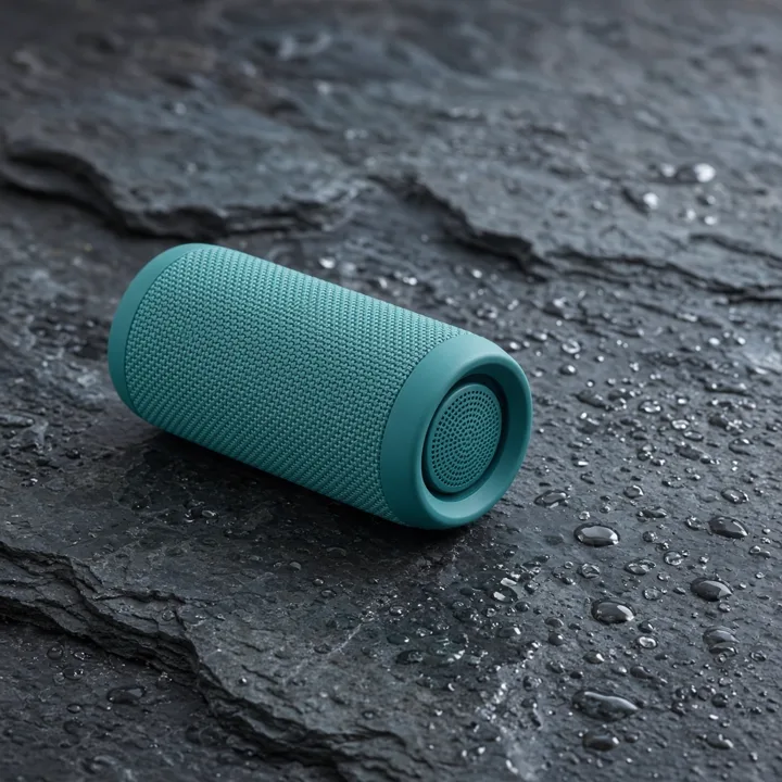 Turquoise portable speaker on wet slate — generated with Grok Imagine Image 2
