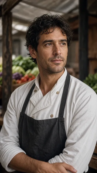 Candid portrait of a chef beside a market stall — generated with Grok Imagine Image 2