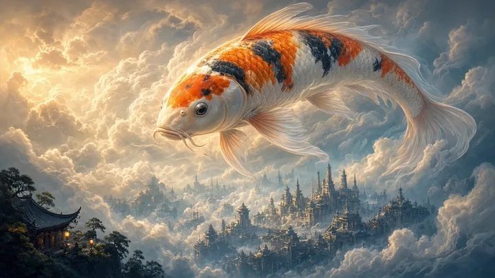 Giant koi swimming through clouds above a city — generated with Grok Imagine Image 2