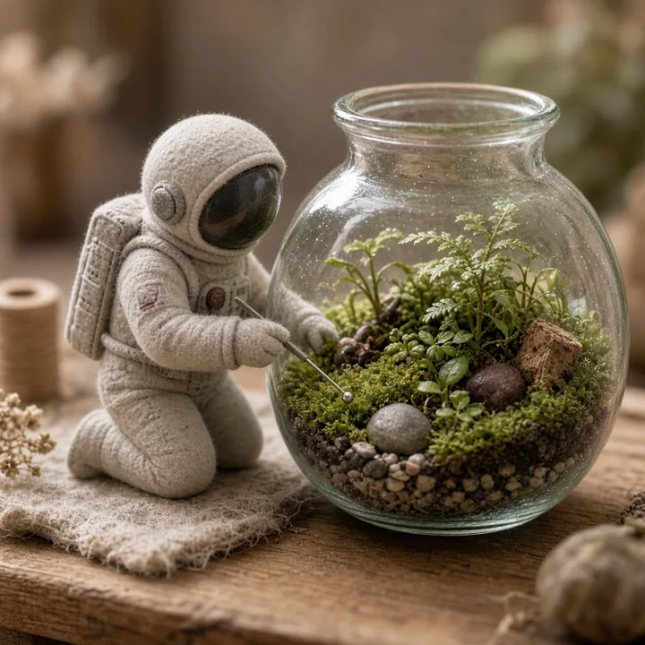 Tiny astronaut tending a terrarium — generated with Grok Imagine Image 2
