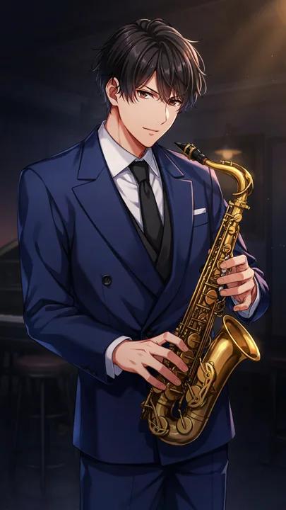 Anime jazz musician in a midnight-blue suit — generated with Ideogram 4.5