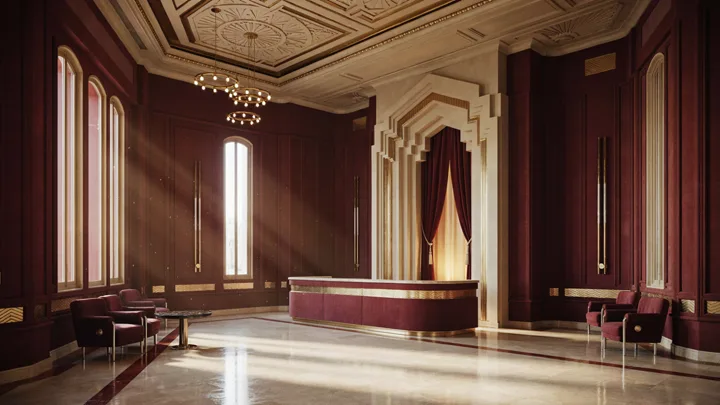 Art deco cinema lobby in burgundy and cream — generated with Ideogram 4.5