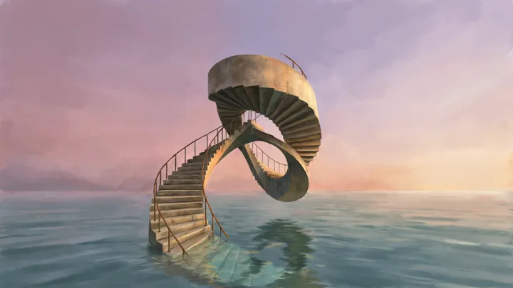 Surreal staircase looping above an ocean — generated with Ideogram 4.5