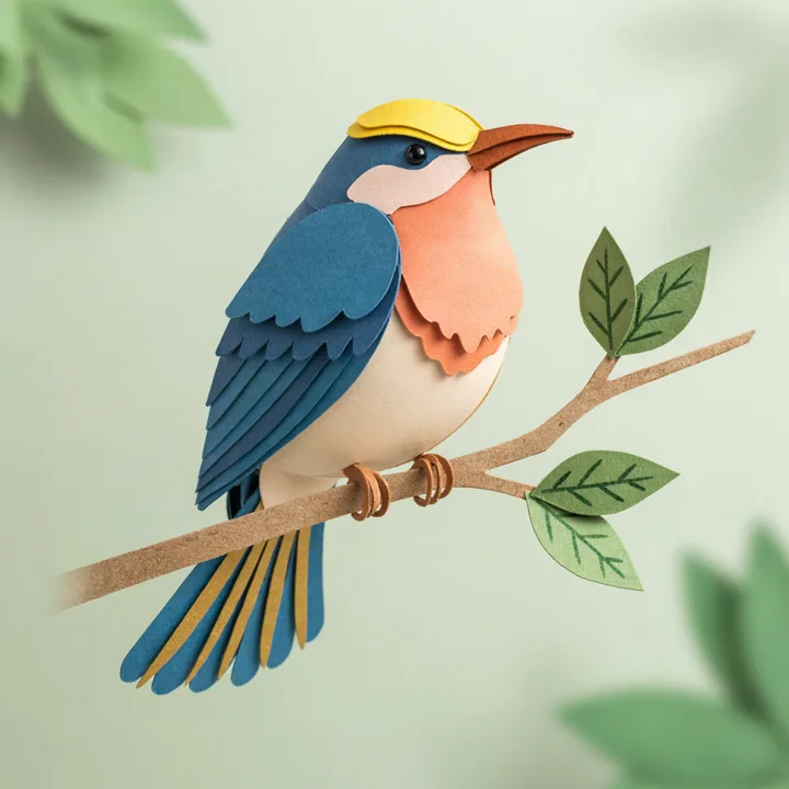 Layered paper illustration of a tropical bird — generated with Ideogram 4.5