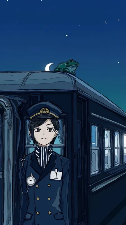 Anime conductor beside a midnight train — generated with Krea 2 Large